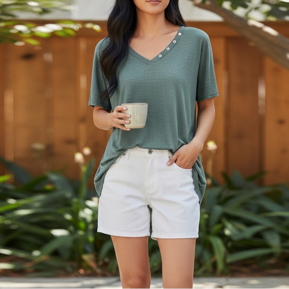 Women’s T-Shirt S/S Heather Olive Green V-Neck Top Size-Small NWOT